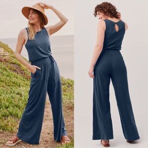 Pact Boho Blue Organic Cotton Portside French Wren XL Wide Leg Slouchy Jumpsuit